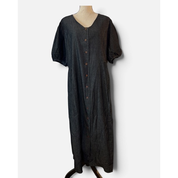 Polagram Dresses & Skirts - Polagram Pinstripe Denim Maxi Dress Short Puff Sleeve Button Front 2XL New